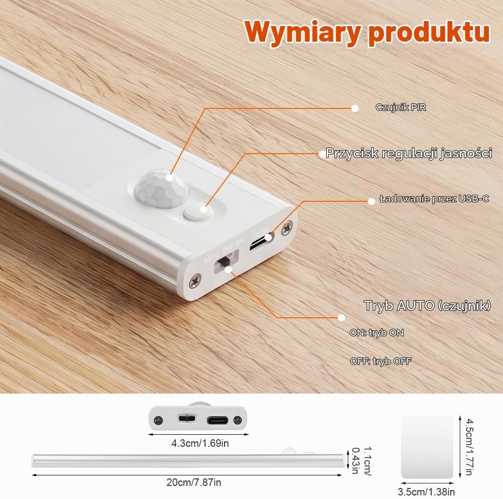 Detalle de Ainiv zestaw 2 lamp LED 20 cm z czujnikiem ruchu, 3 barwami i USB-C