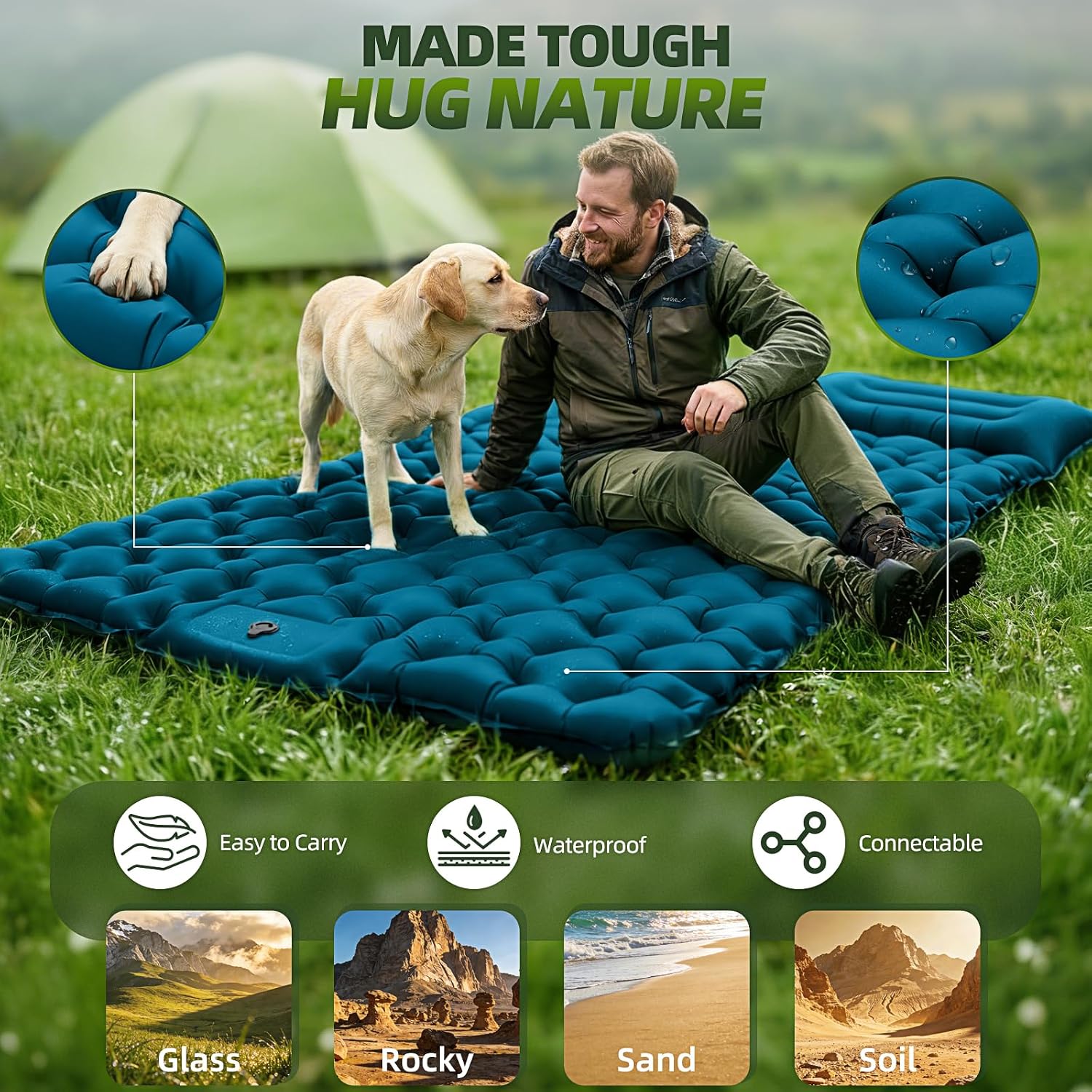 Detalle de Sleeping Pad Camping Mat Double 9.5cm Thick, 204x130cm with Built-in Foot Pump
