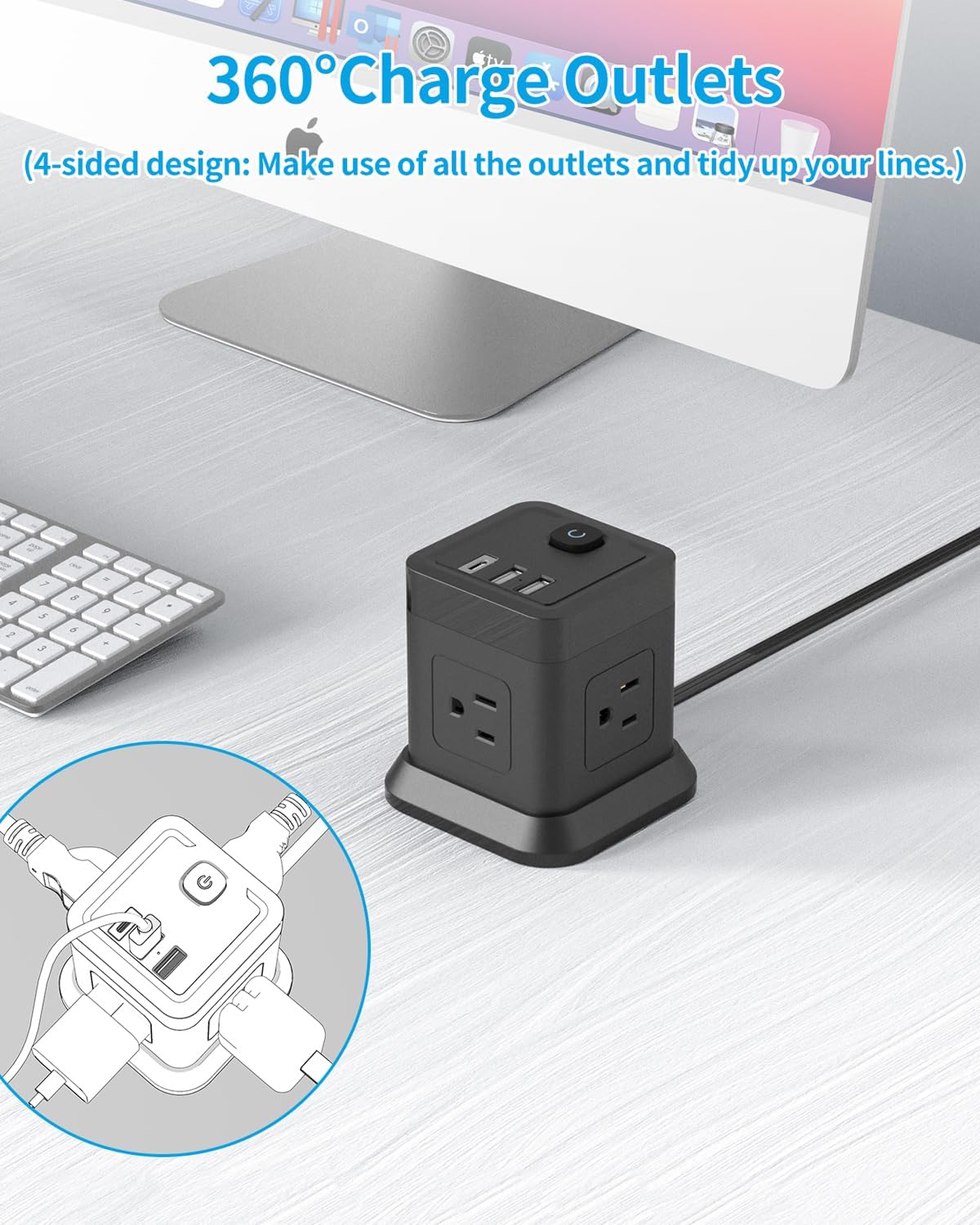Detalle de FDTEK Flat Plug Power Strip with USB (4 AC + 3 USB), 5 ft Cube Extension Cord, Overload Protection, Black