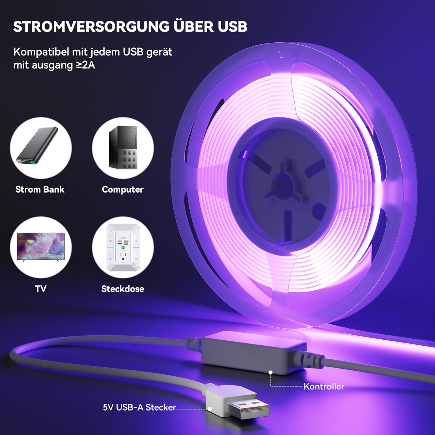 Thumbnail 2 de OULARA USB RGB COB LED Streifen 5V 3M – Bluetooth Controller, Musik-Sync