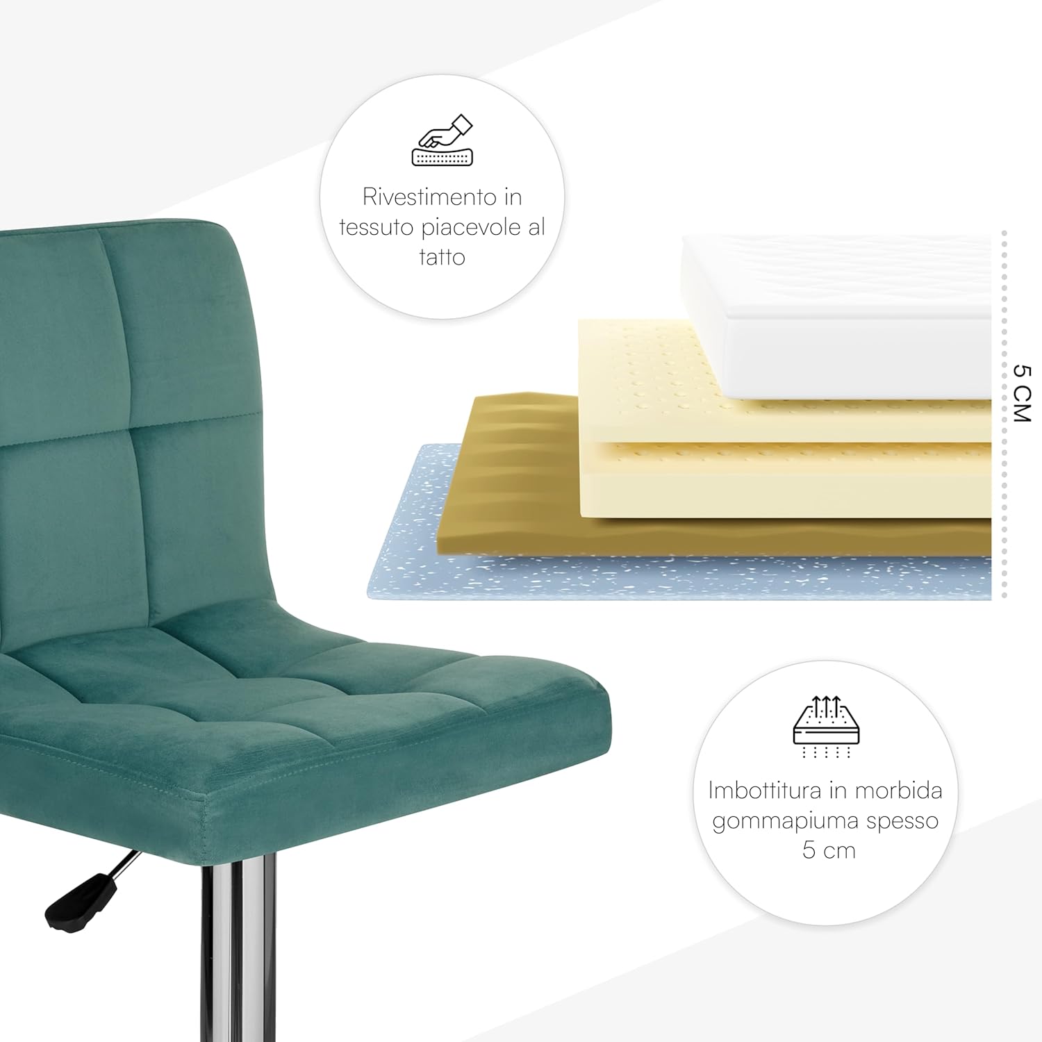 Thumbnail 5 de Baroni Home Tabouret de Bar en Velours — Règlable, Pivotant 360°, Dossier Ergonomique et Repose-Pieds