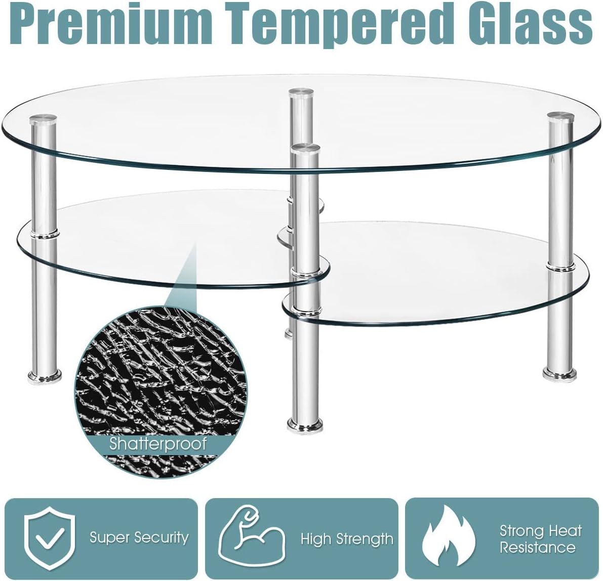 Thumbnail 3 de LIFEZEAL Table Basse Ovale en Verre Trempé – 3 Niveaux, cadre métal robuste, 90 × 50 × 45 cm