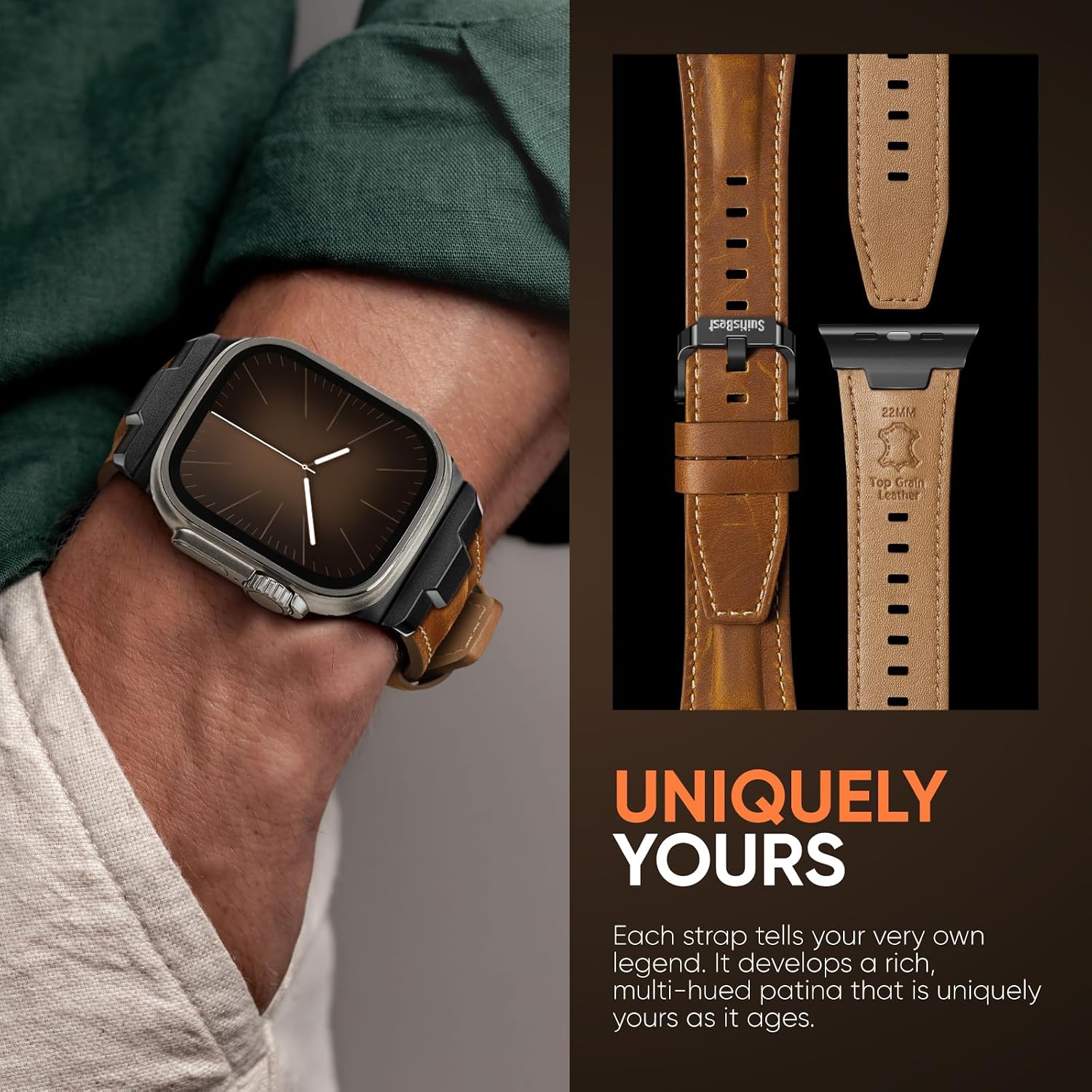 Detalle 1 de Suitisbest Leather Apple Watch Band, Natural Cowhide, Adjustable Fit, Tang Buckle