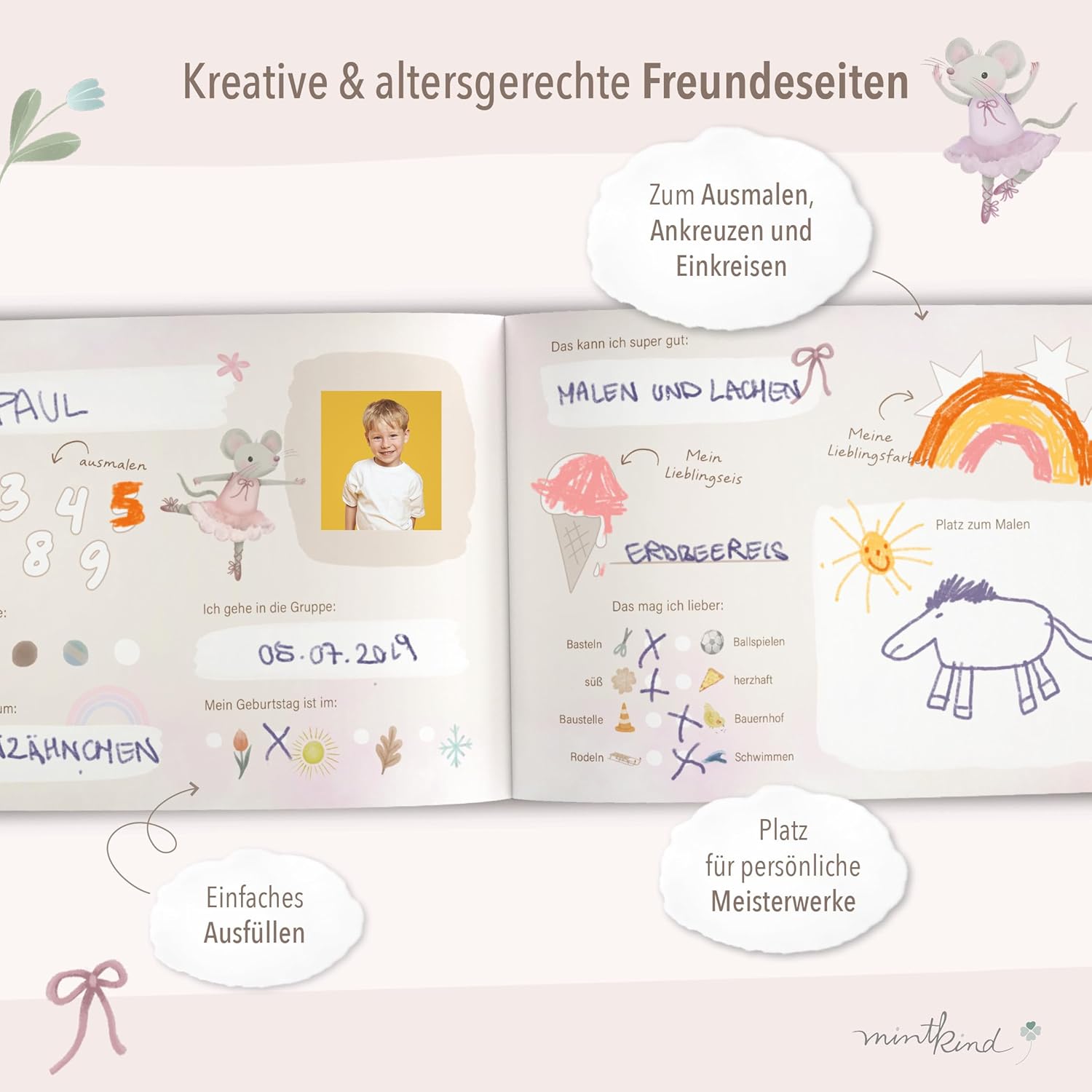 Thumbnail 4 de mintkind® Freundebuch Kindergarten – Ballerina mit 80 Seiten zum Ausfüllen