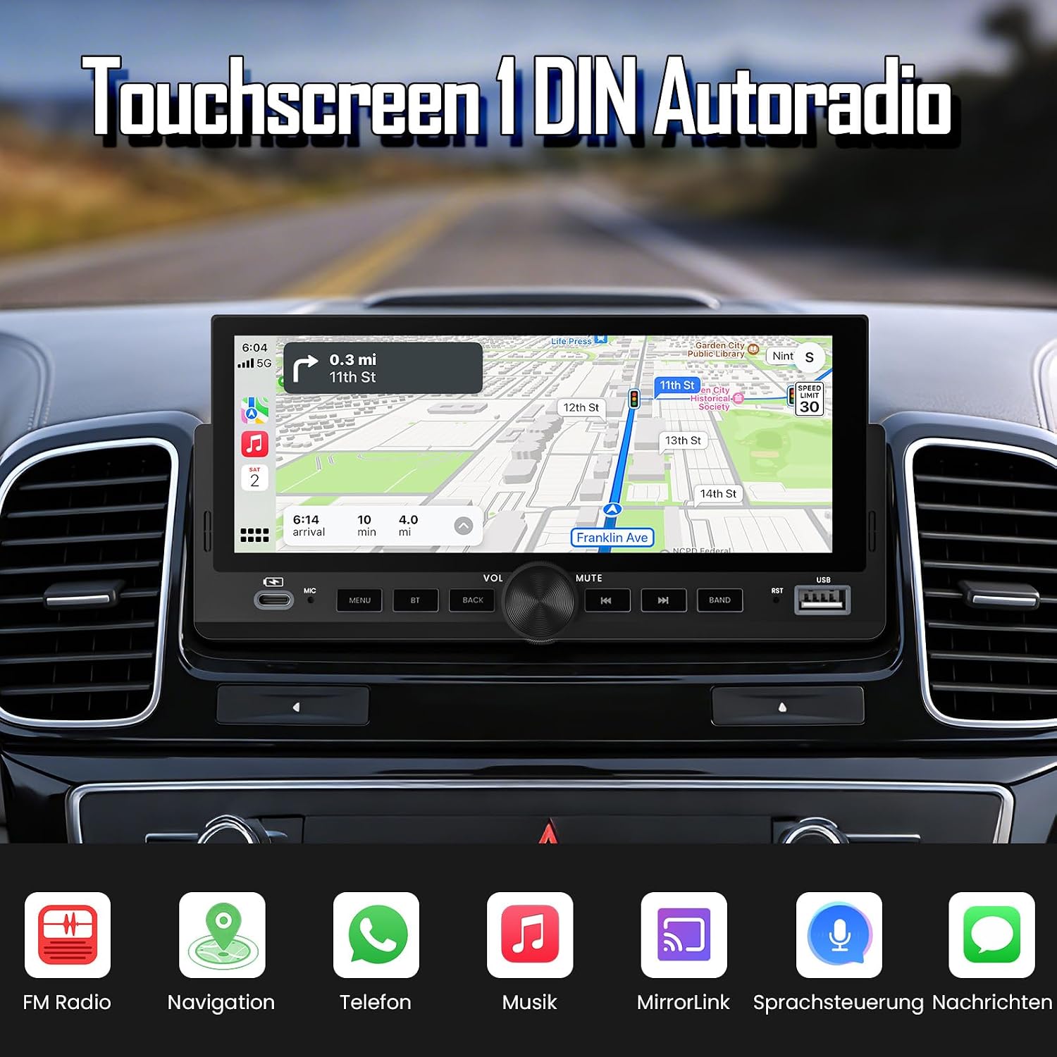 Thumbnail 1 de 1-DIN Autoradio mit 6,86-Zoll Wireless CarPlay & Android Auto, Bluetooth und Rückfahrkamera