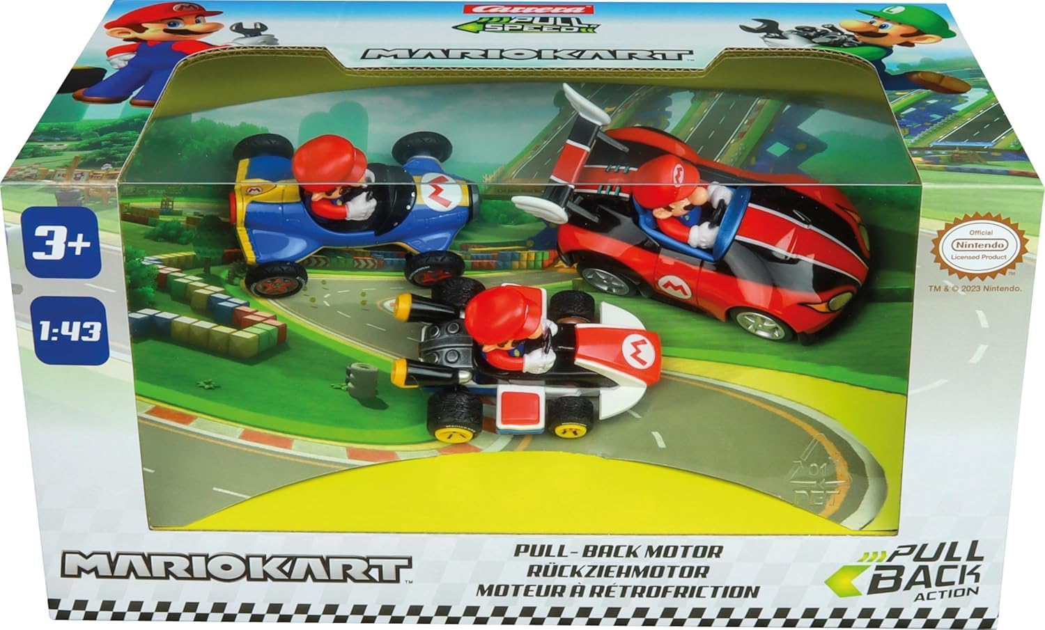 Detalle de Carrera Pull & Speed 15813016 Mario Kart Mario – 3-pack med dragmotor, skala 1:43