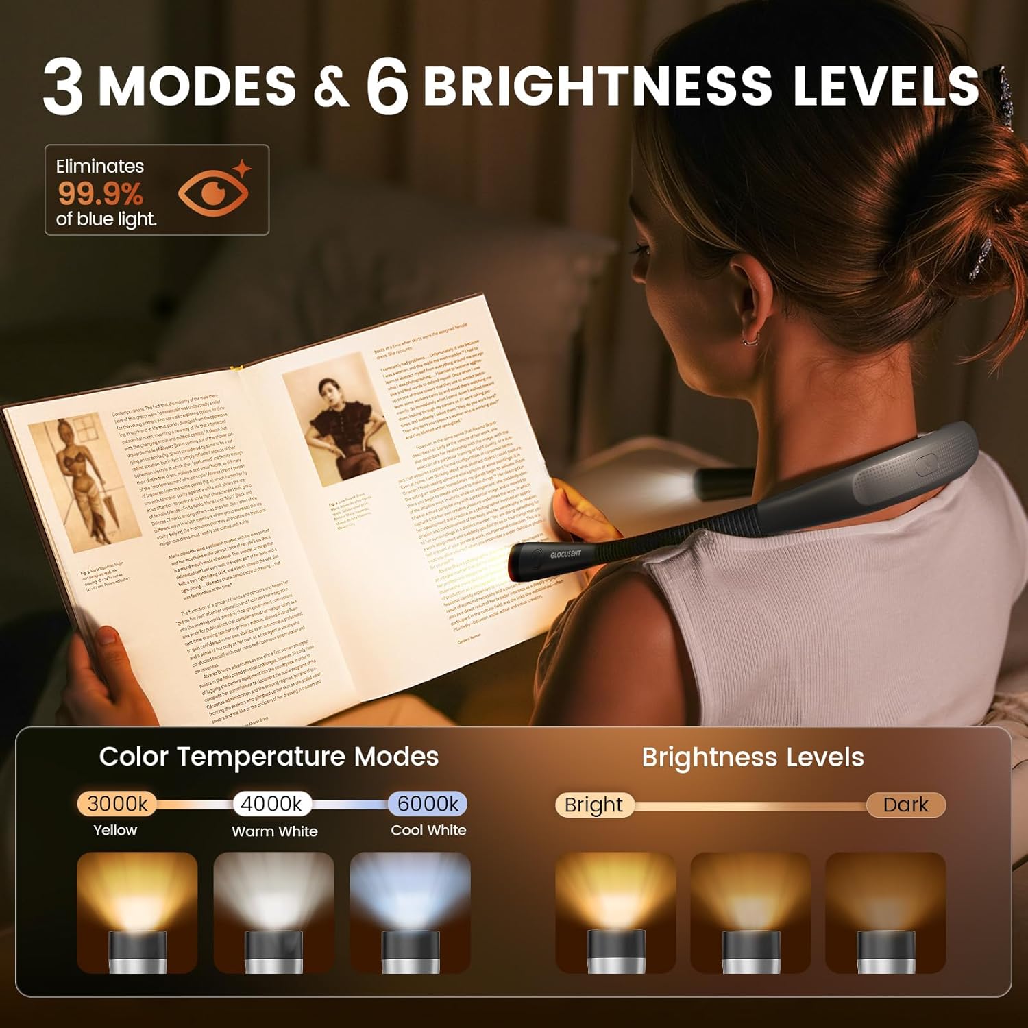 Thumbnail 1 de Glocusent Lampe de Lecture de Cou Rechargeable — Liseuse LED à 3 températures et 6 niveaux, pour lit et tricot