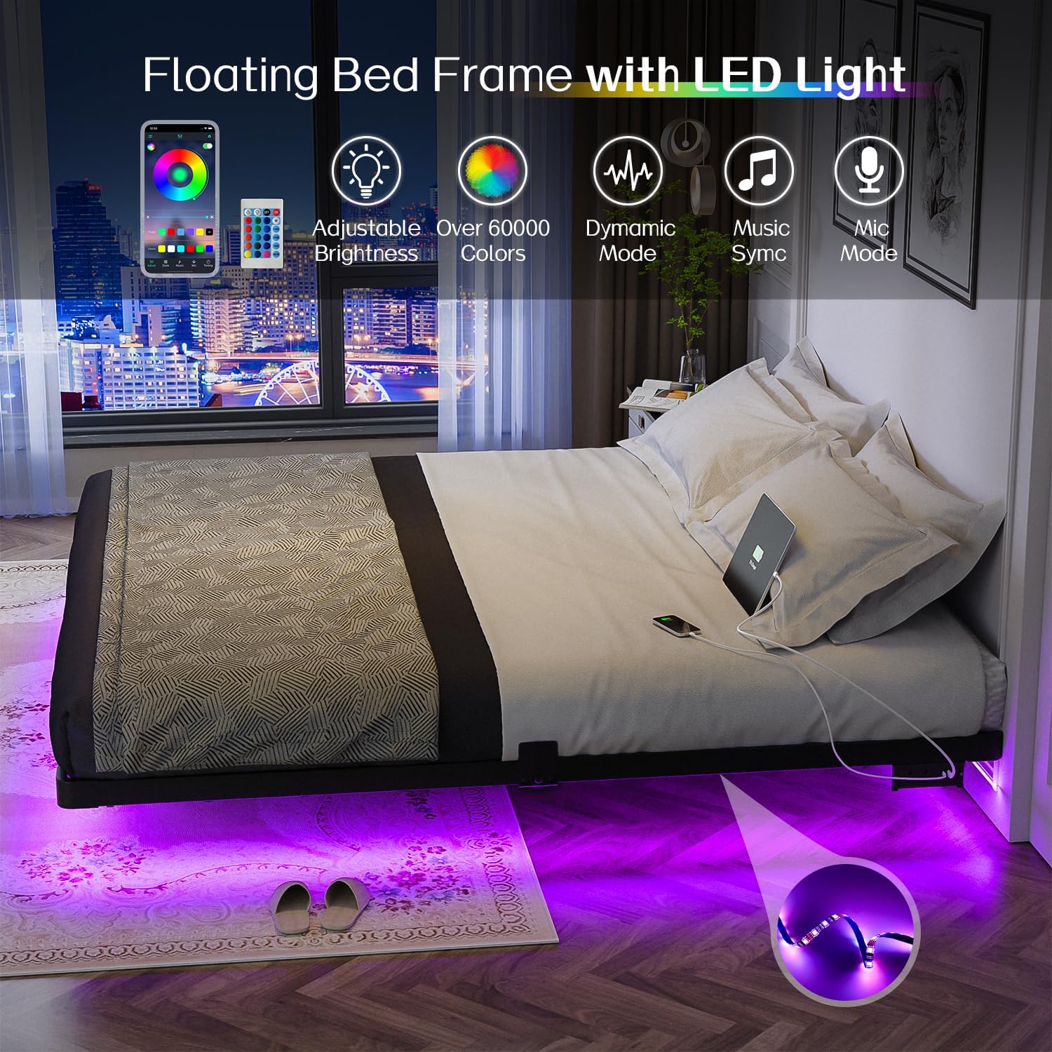 Detalle 2 de OLEVS King Size Floating Metal Bed Frame with LED Lighting and Charging Station