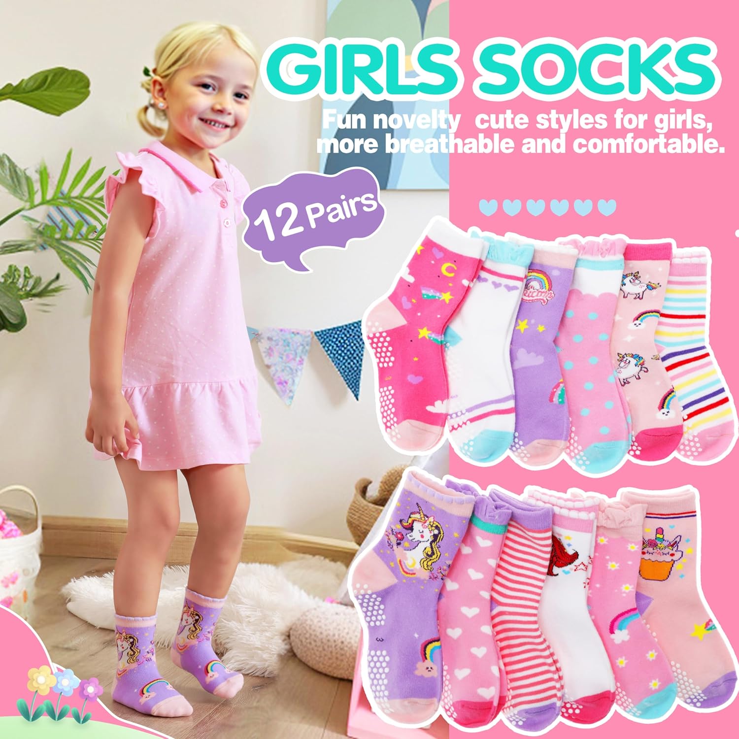 Thumbnail 1 de Welwoos 12 Pairs Baby Girls' Non-Slip Grip Socks with Cartoon Animal Patterns