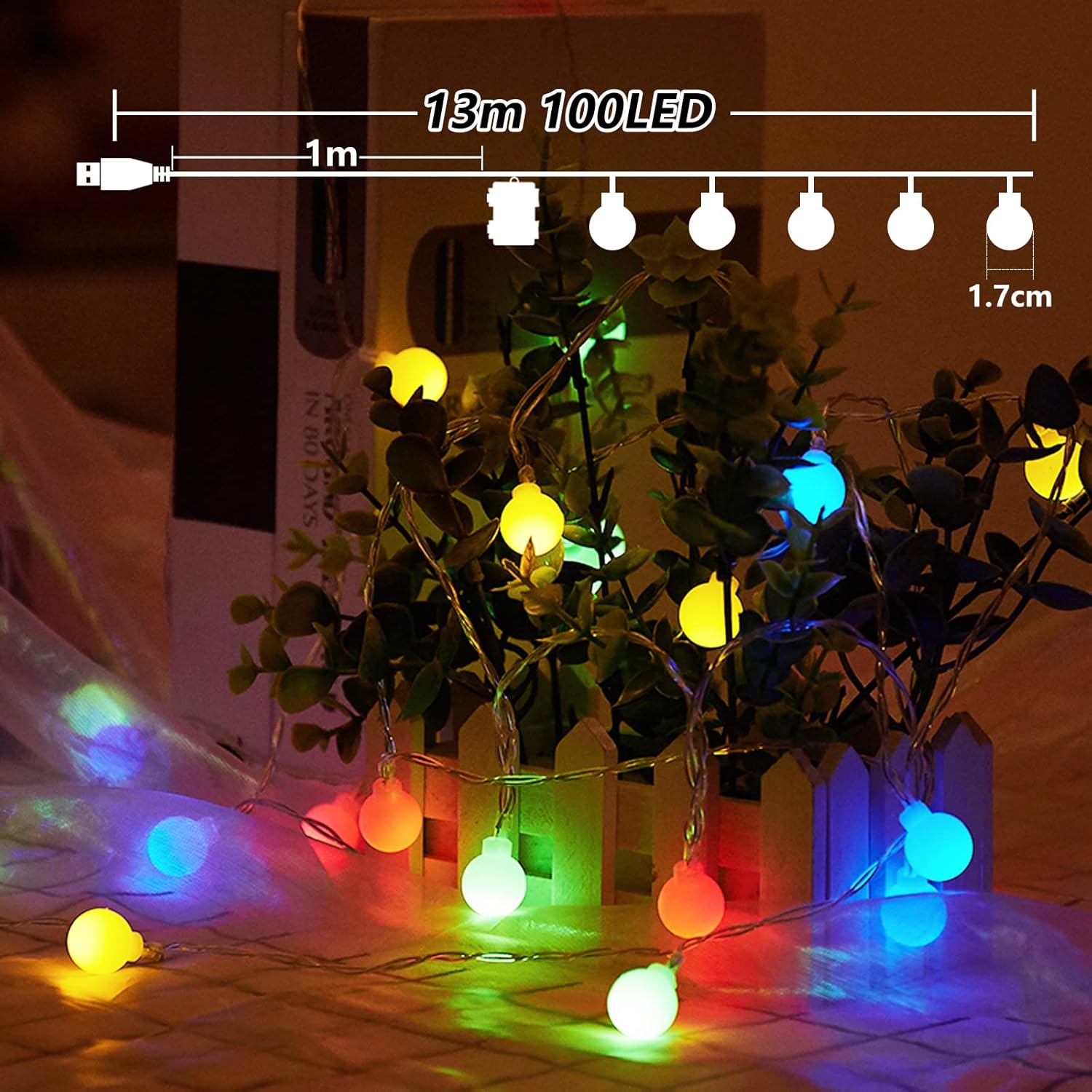 Thumbnail 5 de taiyongkang Lichterkette Batterie mit USB – 13 m, 100 LEDs, 8 Modi, IP44 outdoor/indoor