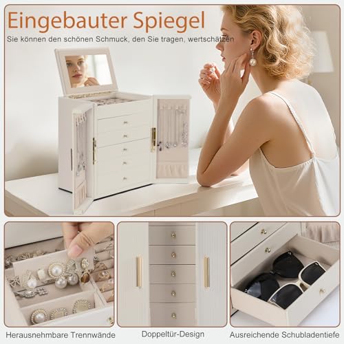 Detalle 2 de Dajasan Boîte à Bijoux Femme Grande — 5 tiroirs, cuir grain vertical beige avec miroir
