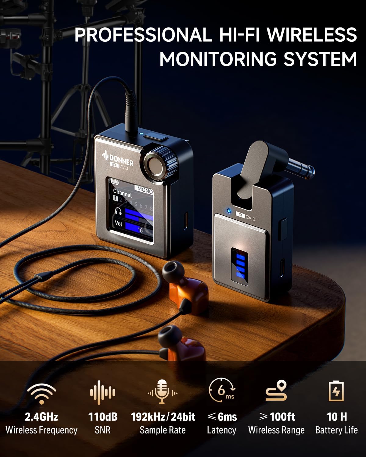 Detalle de Donner CV-3 Wireless In-Ear Monitor System with Color Screen Receiver