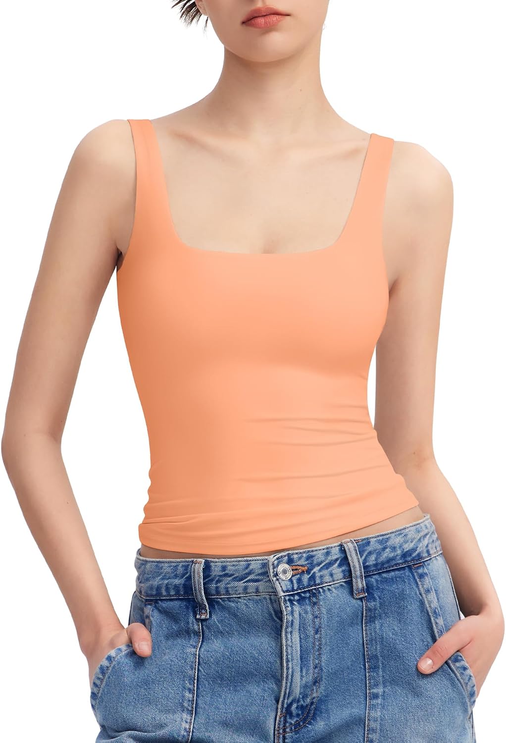 Detalle de PUMIEY Sharp Collection Women's Square-Neck Tank Top, Double-Lined Stretch Fabric