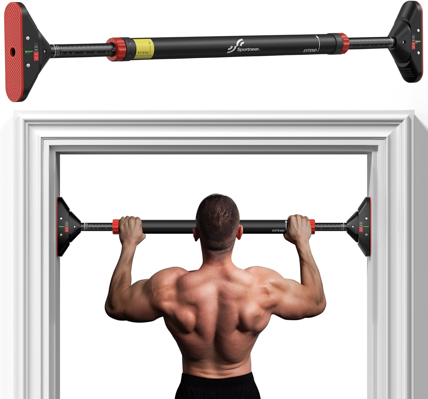 Sportneer Klimmzugstange für den Türrahmen (bis 200 kg), ausziehbar 75–94 cm – ohne Bohren mit 360°-Zahnradsperre