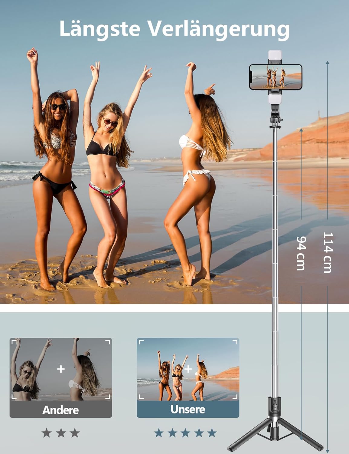 Thumbnail 2 de Selfie Stick Stativ 114 cm mit 2 Fülllichtern