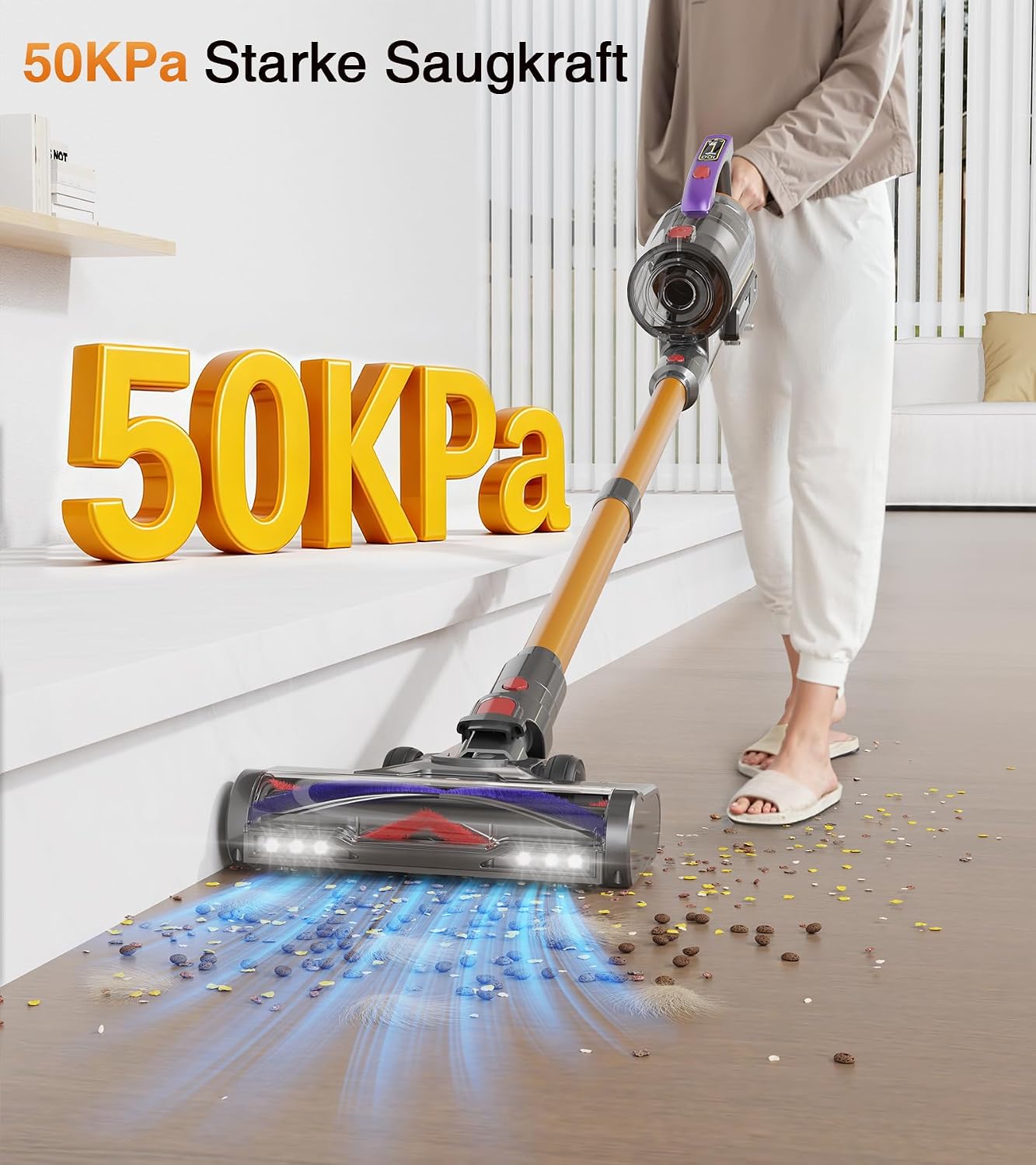 Detalle 2 de CHEBIO Akku Staubsauger 50000Pa/600W – kabellos, 75 Min., Anti-Tangle-Bürste, 1,8L