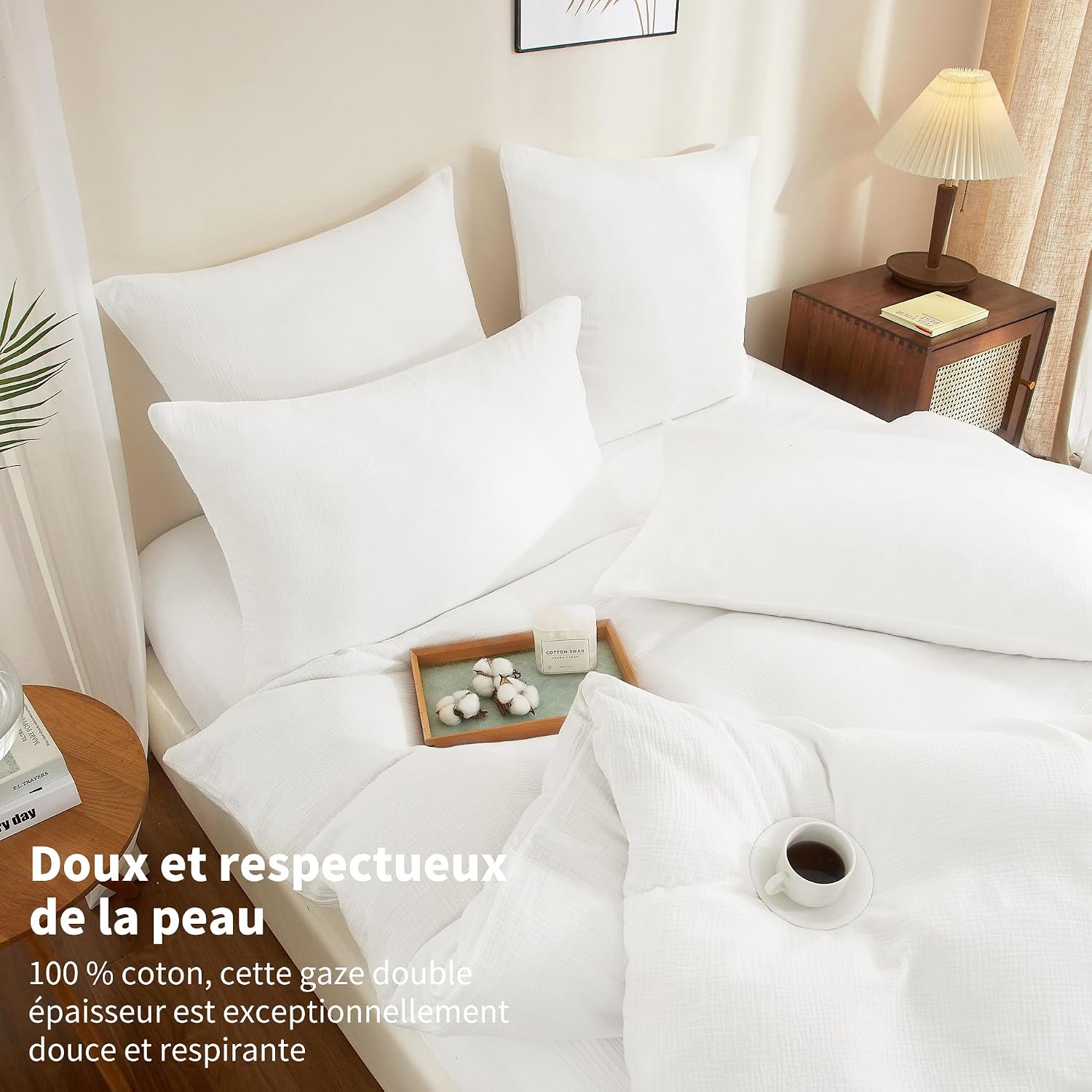 Detalle de YASMENG Parure de lit double en gaze de coton 240x260 blanc, housse de couette zippée et taie 65x65
