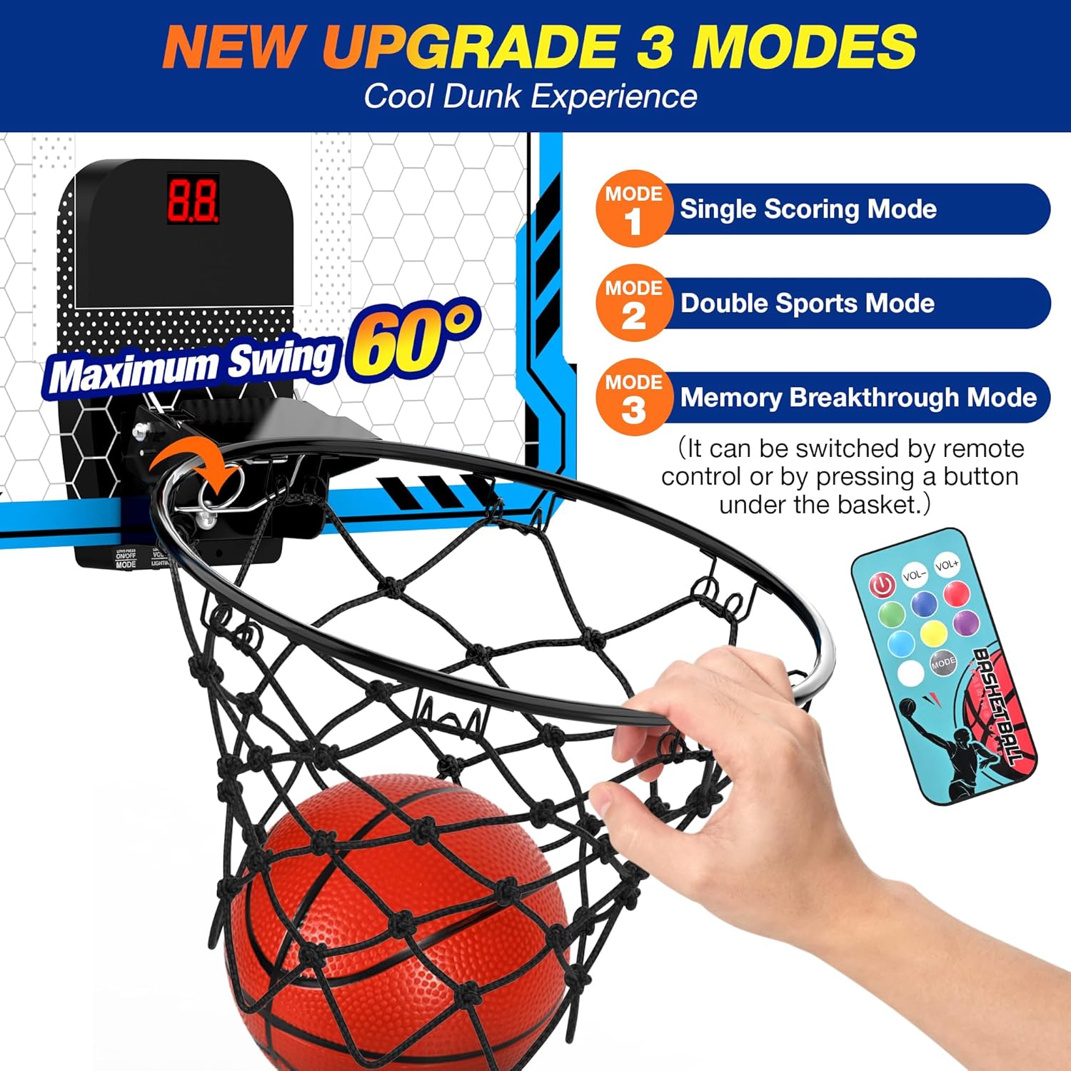 Detalle de Ropoda Indoor Basketball Hoop with 7 LED Lights, Remote Scoring & 4-Ball Play (Mini Door Hoop)
