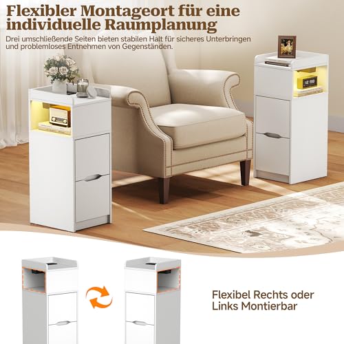 Detalle 2 de Quikraen Nachttisch Schmal mit Steckdose und LED – Weiß, 26.2x29.6x65 cm