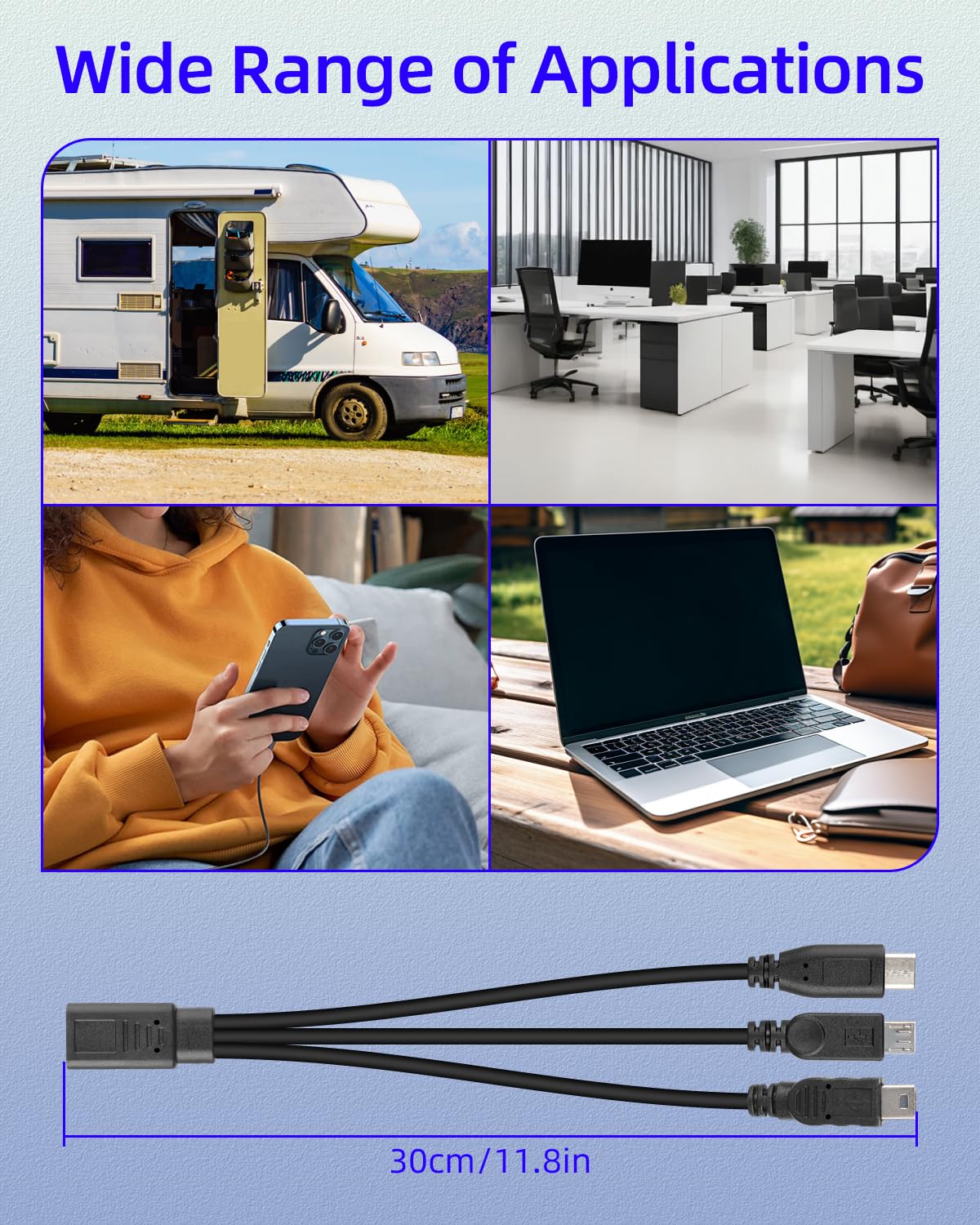 Thumbnail 6 de RIIEYOCA 3-in-1 USB C Female to Micro USB & 2 Type-C Male Charging Cable — 1FT (2 Pack)