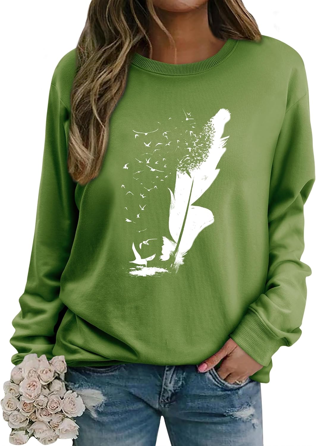 Thumbnail 4 de Dresswel Damen Pullover mit Feder & Vogel Grafikdruck (Rundhals, lange Ärmel) – Sweatshirt Langarmshirt