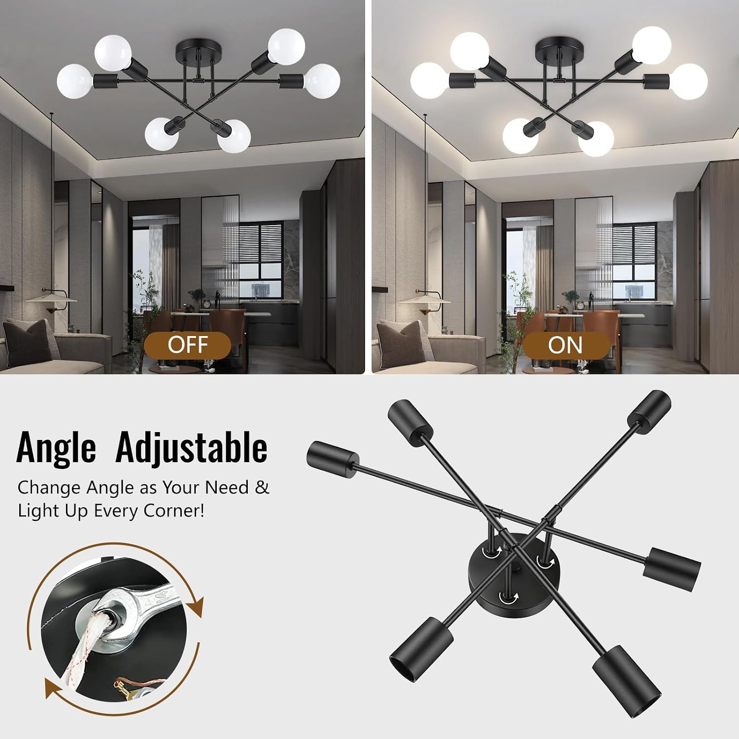 Detalle de Maichixin 1 6-Light Sputnik Chandelier, Black Semi-Flush Ceiling Light