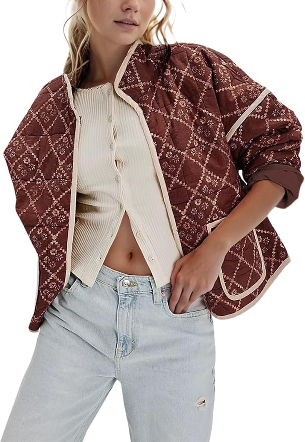 Thumbnail 5 de Omoone Cropped Quilted Floral Puffer Jacket