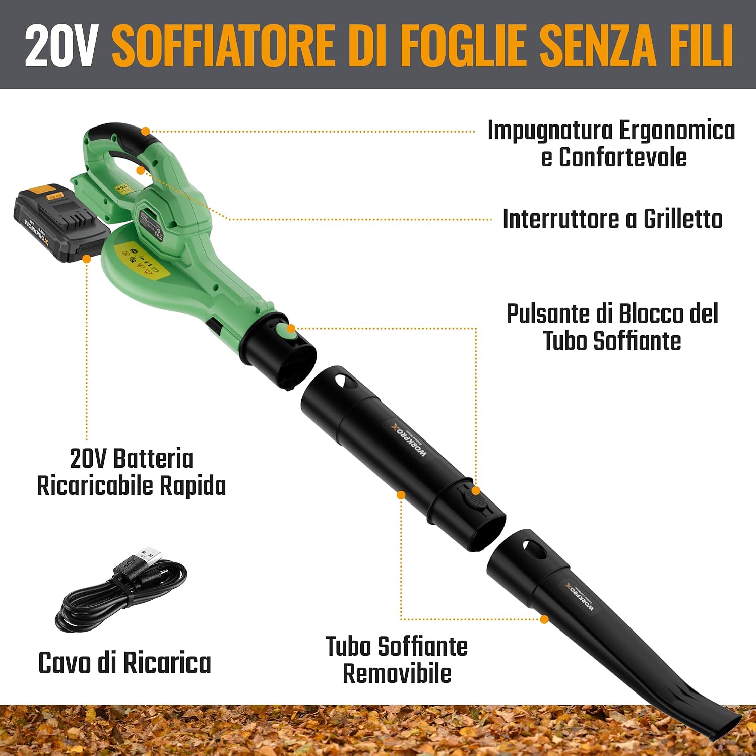 Detalle 2 de WORKPROX Soffiatore per Foglie 20V con Batteria 4000mAh – Flusso d'Aria 222 km/h, 290 m³/h