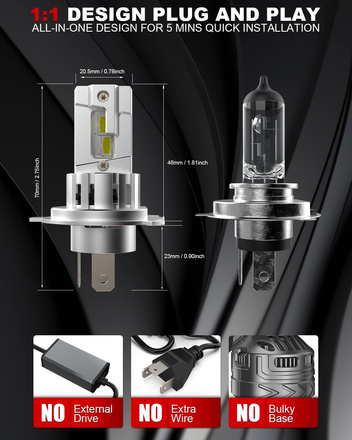Detalle de Tongruiting H4 LED Headlight Bulb, 110W 40000LM 6500K – 1:1 Size, Plug & Play, Pack of 2