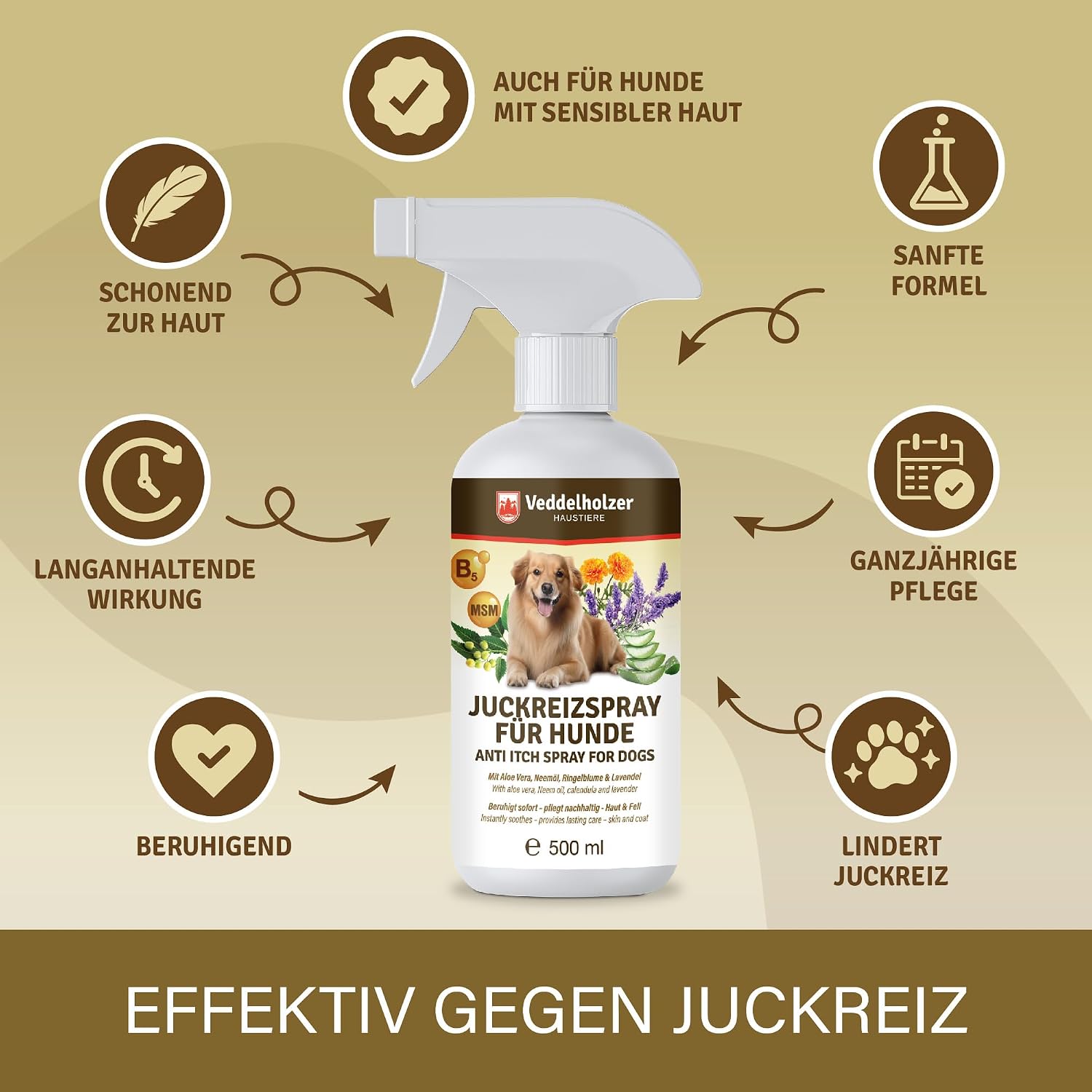 Detalle 2 de Veddelholzer Juckreizspray für Hunde – 500 ml: Beruhigendes Pflegespray mit Nano-Silber, Aloe Vera & Ringelblume