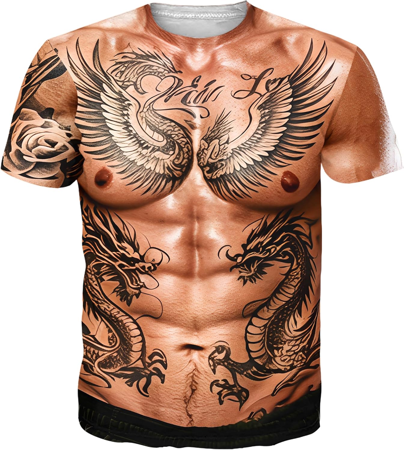 Detalle de Kinberr Men's Short-Sleeve T-Shirt with 3D Fake Abs and Hairy Chest Print