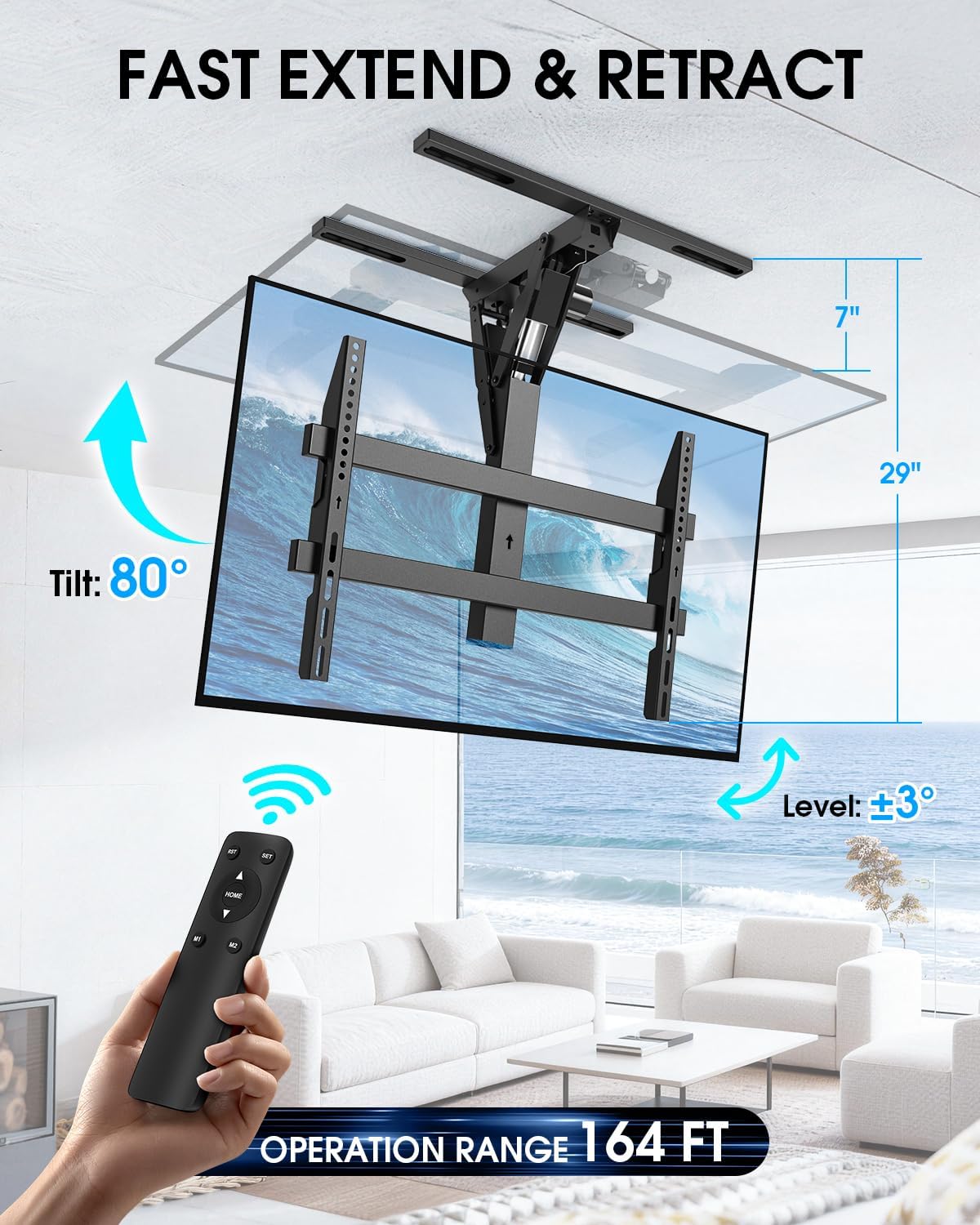 Detalle de Xyndyx Elektrische TV-Deckenhalterung 32–70 Zoll mit Fernbedienung – Flach- & Curved-TVs, VESA bis 600x400 mm, Schwarz