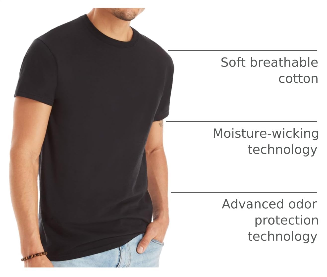 Detalle de Hanes Men’s Soft Cotton Tag-Free Stay-Tucked Crew Undershirts (Multipacks, White/Black/Assorted)