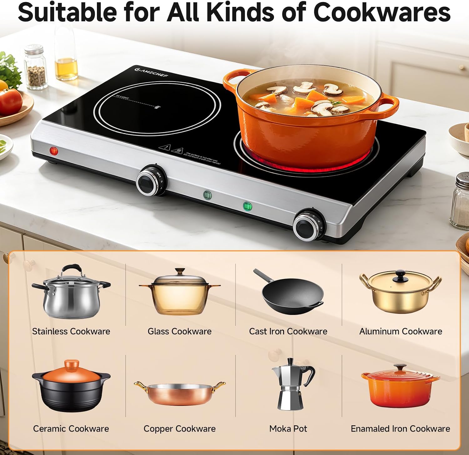 Thumbnail 5 de AMZCHEF Double Burner Electric Cooktop 1800W