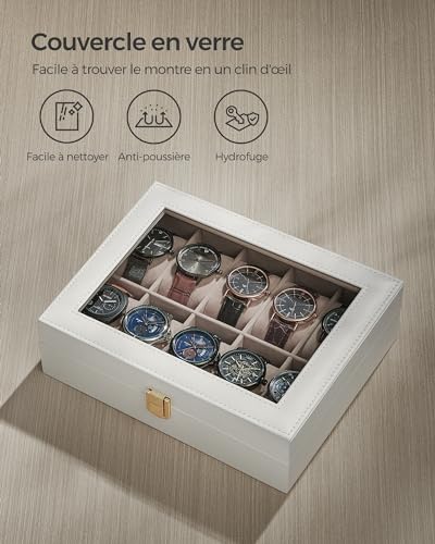 Detalle de SONGMICS Boîte à Montres 10 Emplacements JWB010W01 – Coffret écrin avec couvercle en verre et serrure en métal