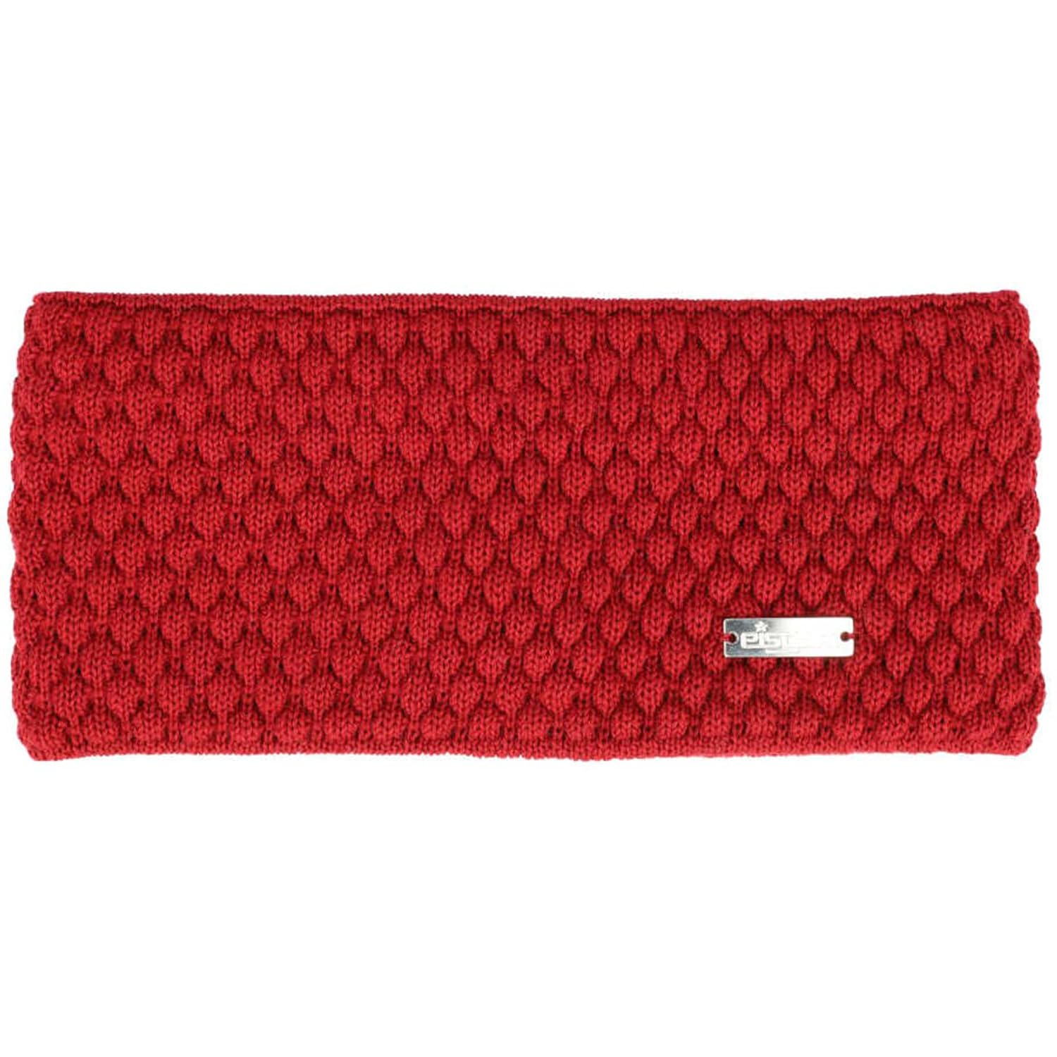 Detalle de Eisglut Stirnband Minal Merino in Oliv: warm, weich und mit dezentem Emblem