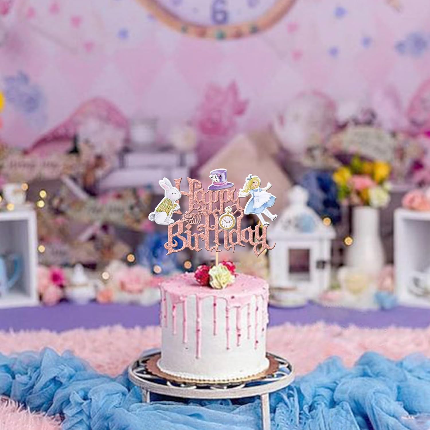 Detalle 2 de SYKYCTCY 1 Pack Happy Birthday Alice Cake Topper Glitter Kit