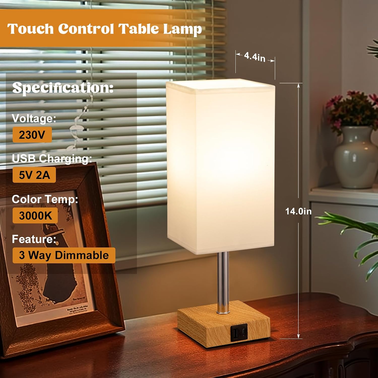 Thumbnail 6 de Aooshine White Bedside Lamp with Square Fabric Shade and USB Ports