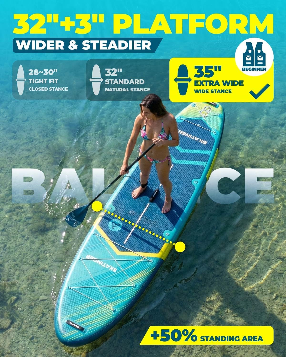 Thumbnail 2 de Skatinger 11'6" x 35" Super Wide Inflatable SUP Board (100L Backpack, US Fin, 450 lb Capacity)