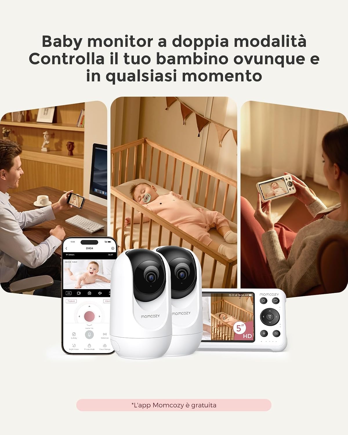 Thumbnail 2 de momcozy BM04: Sistema di monitoraggio con 2 telecamere 1080P, schermo 5" e batteria da 5000 mAh