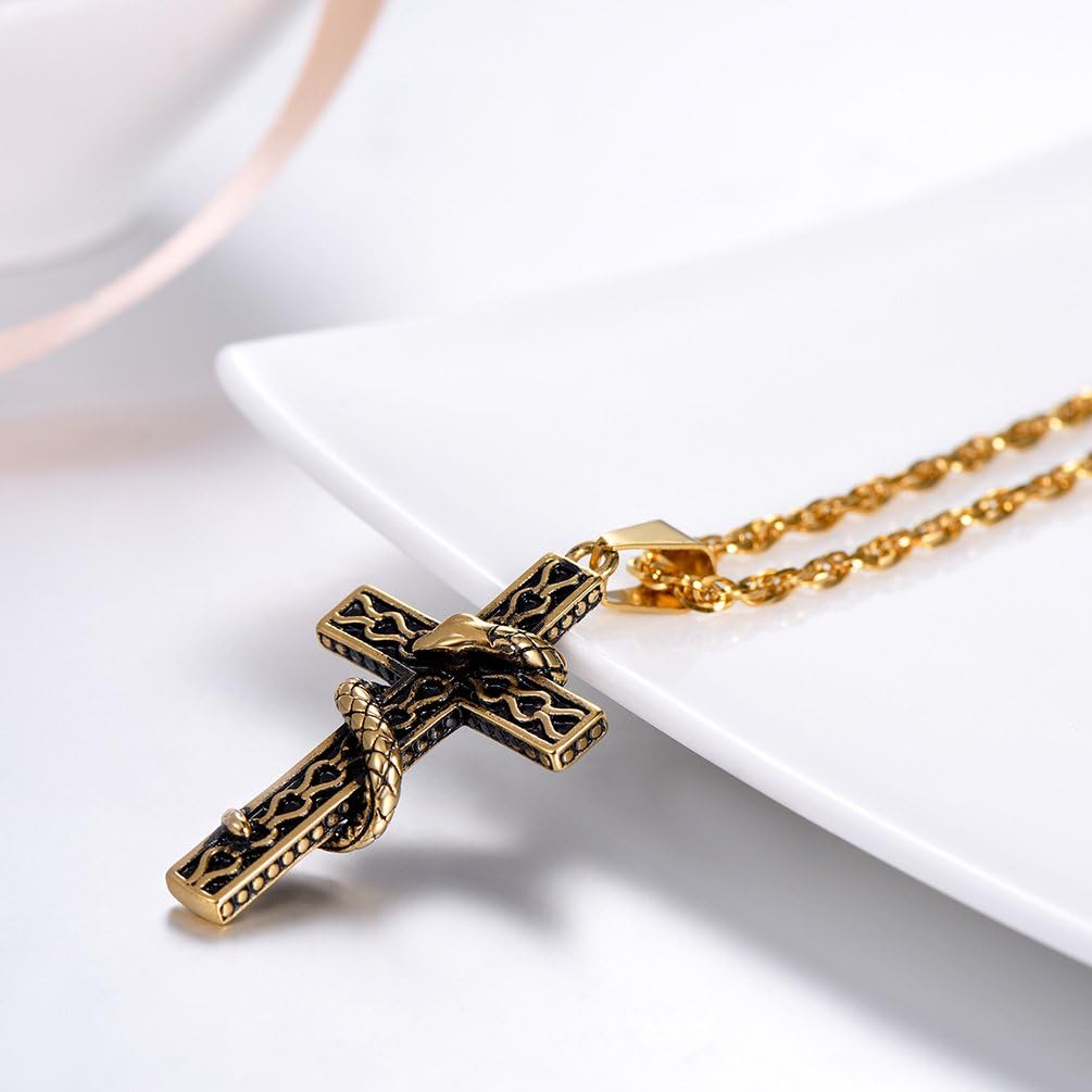 Thumbnail 5 de Collier PROSTEEL unisexe avec pendentif croix entourée de serpent en acier inoxydable 316L plaqué or 18k (ou argent 925)