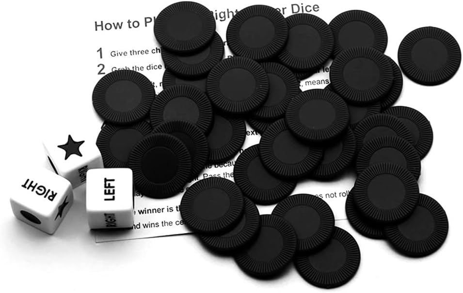 Detalle de Bilywey Left Right Center Dice Game Set with 3 Dice + 36 Black Chips (Black)