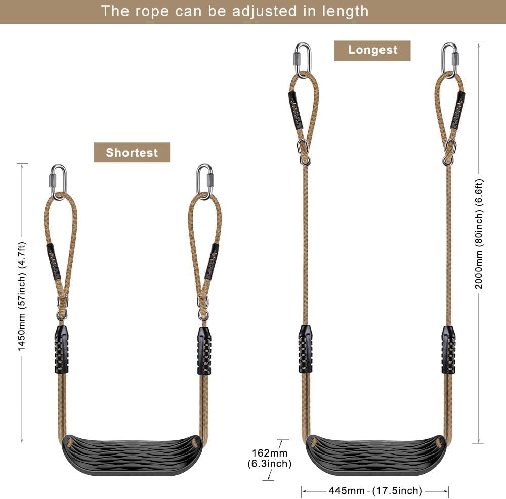 Detalle de SELEWARE Kunststoff-Schaukelsitz-Set (2er-Pack) mit verstellbarem Seil & 4 Karabinern – rutschfest, schwarz