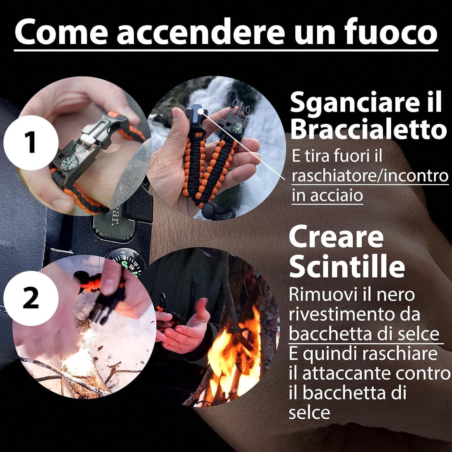 Detalle de Braccialetto Sopravvivenza in Paracord (coppia) con accendifuoco, fischietto e bussola – Kit di emergenza nero e arancione