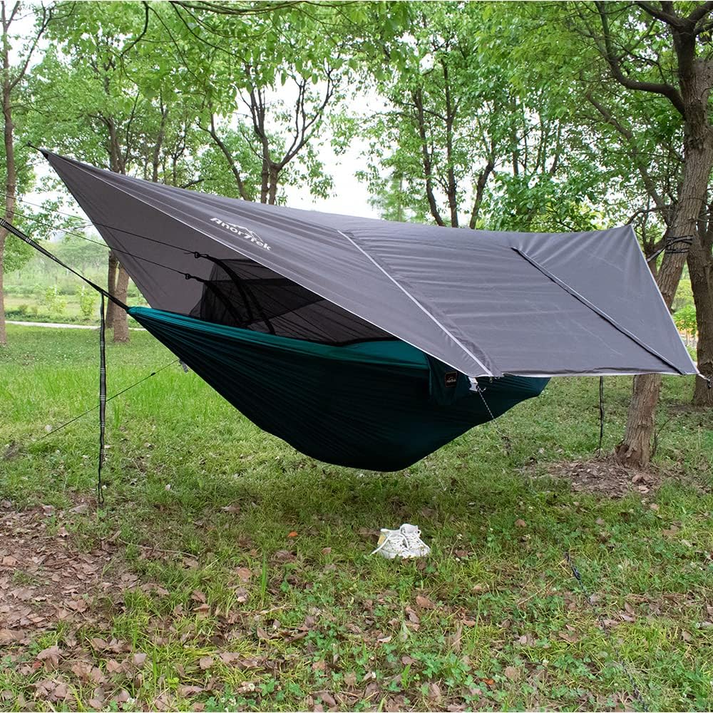 Detalle de AnorTrek Camping Hamac avec moustiquaire et bâche de pluie – Double, nylon 210T, avec sangles et tarp imperméable