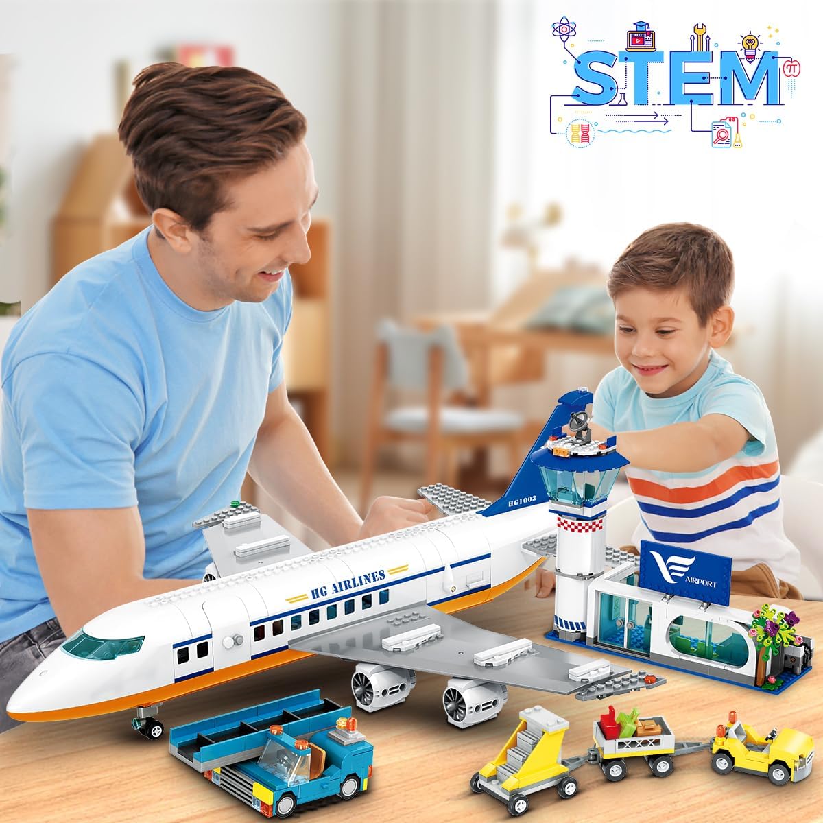 Detalle de HOGOKIDS City Avion de passagers (901 pièces) avec lumières LED et terminal d’aéroport