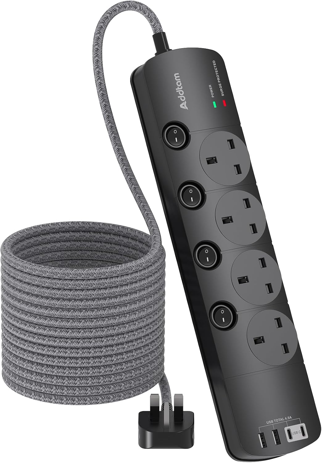 Detalle de Addtam Extension Lead 1.8m with 4 Outlets and 4 USB Ports (2x Type-C, 2x USB-A) and 1050J Surge Protection, Black