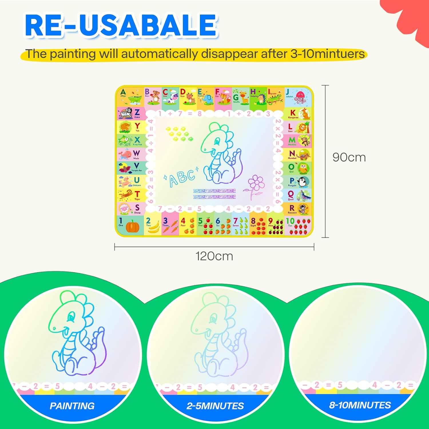 Thumbnail 1 de eisaro Jouet enfant 1-2-3 ans : tapis dessin à l’eau 120 x 90 cm avec stylos rechargeables