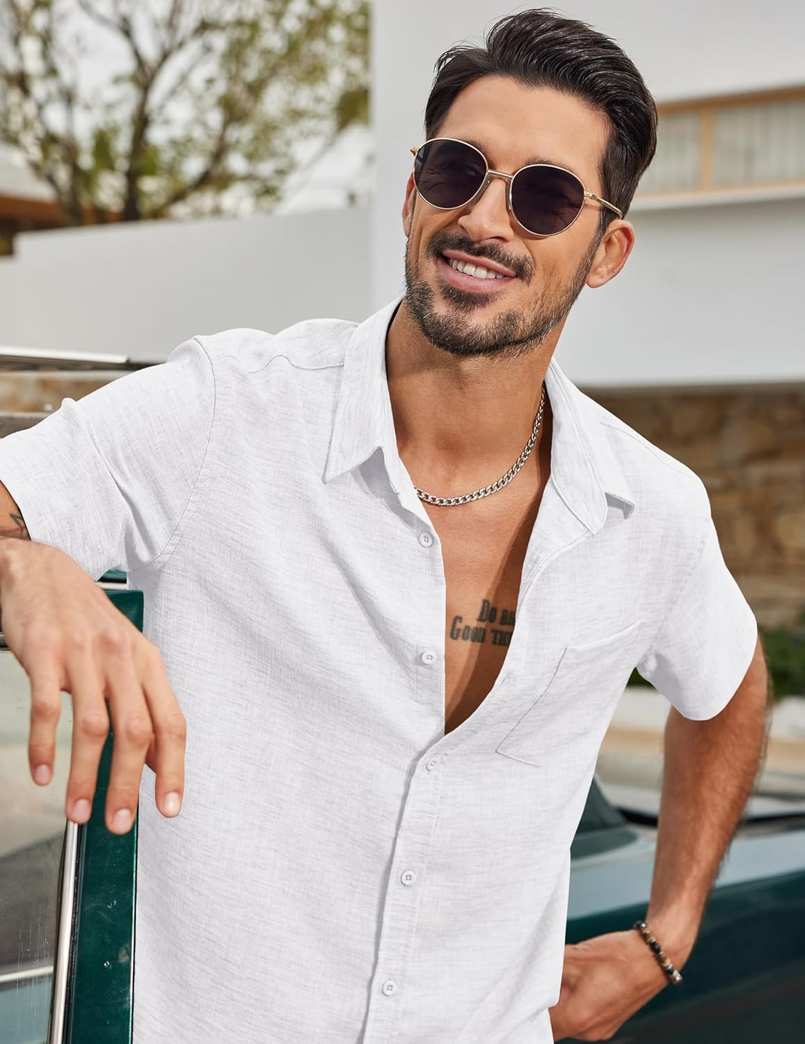 Detalle de COOFANDY Men's Short Sleeve Button Down Linen Shirt