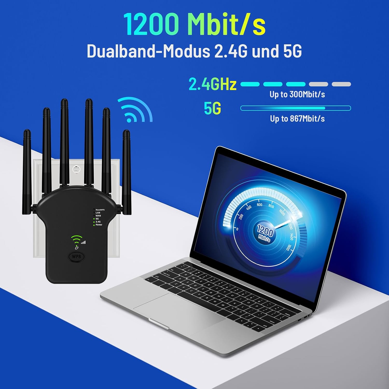 Detalle de WLAN-Verstärker mit 1200 Mbit/s Dualband, 4 Antennen, LAN-Port und WPS – Ultraxtender